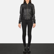 Women's Ava Ma-1 Black Leather Bomber Jacket - Lateral Side Profile View Showing Sleeve Cut &amp; Athletic Taper Fit