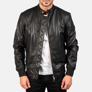 Avan Black Leather Bomber Jacket in Black Cowhide (Torso) &amp;Amp; Goatskin (Sleeves) Leather - Front Profile View &amp; Tailored Silhouette | Buy Online