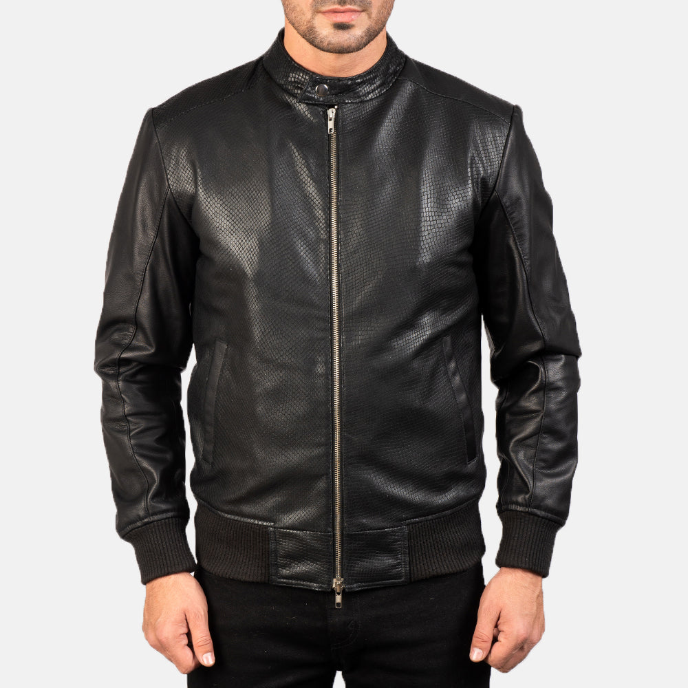 Close-Up Detail of Band with Snap Button &amp; Zipper with Dual Puller Hardware on Avan Black Leather Bomber Jacket