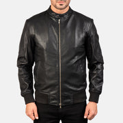 Close-Up Detail of Band with Snap Button &amp; Zipper with Dual Puller Hardware on Avan Black Leather Bomber Jacket