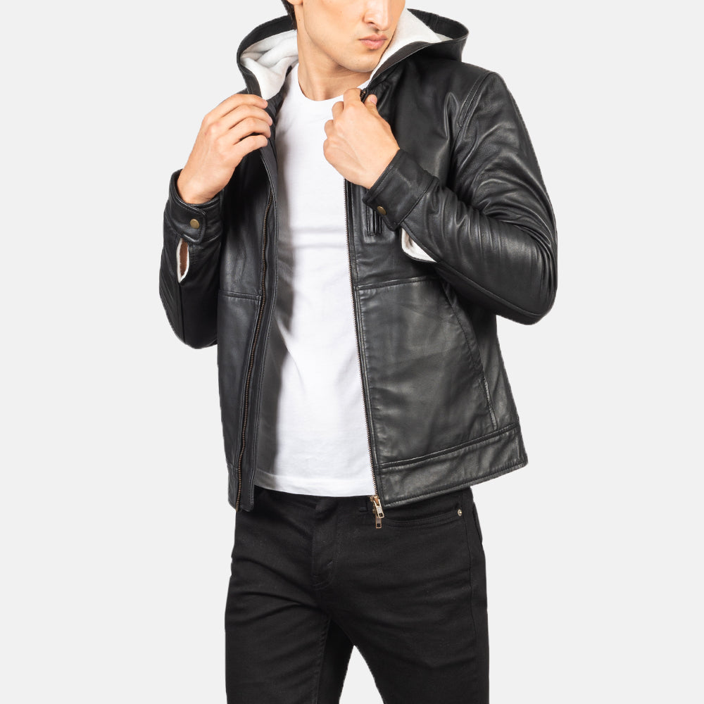 
Men's Baston Black Hooded Leather Bomber Jacket in Black Sheepskin Leather - Front Profile View & Tailored Silhouette | Buy Online