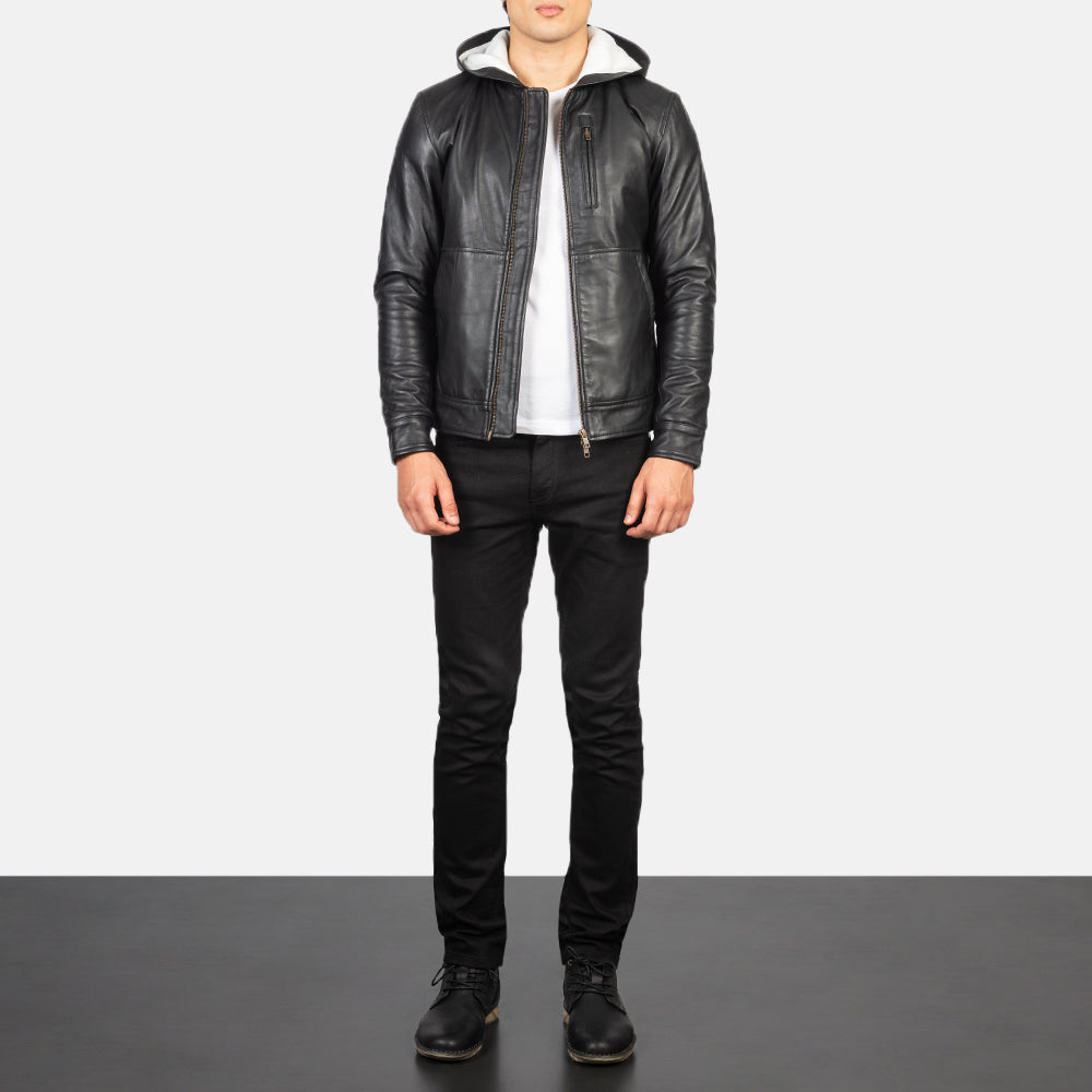 
Men's Baston Black Hooded Leather Bomber Jacket - Lateral Side Profile View Showing Sleeve Cut & Athletic Taper Fit