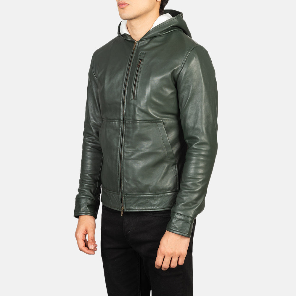 
Styled Fit Perspective of Men's Baston Black Hooded Leather Bomber Jacket on Model - Natural Daylight Drape