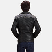Close-Up Detail of Notch &amp; Zipper Hardware on Men's Black Studded Leather Biker Jacket