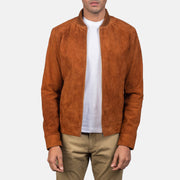 Snap Button &amp; Hem Craftsmanship Construction Detail on Men's Blain Brown Suede Bomber Jacket