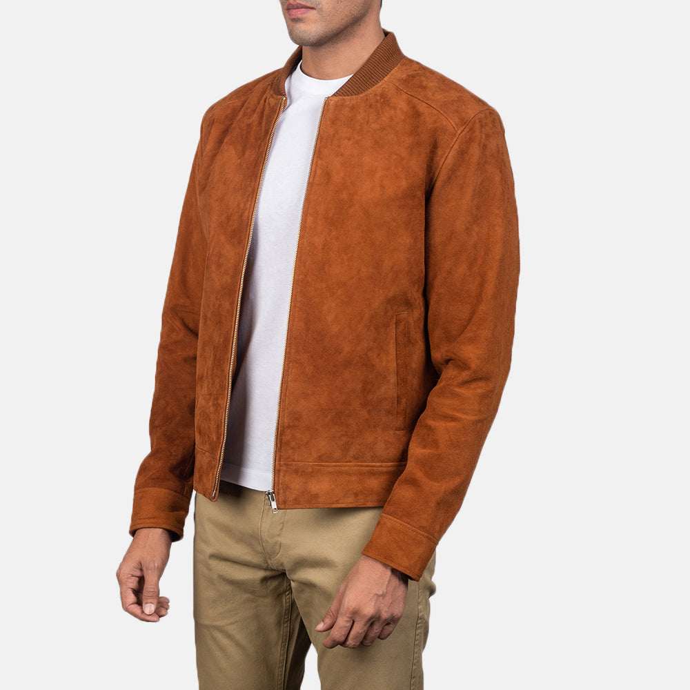 Styled Fit Perspective of Men's Blain Brown Suede Bomber Jacket on Model - Natural Daylight Drape