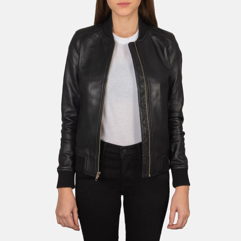 Women's Bliss Black Leather Bomber Jacket in Black Sheepskin Leather - Front Profile View & Tailored Silhouette | Buy Online