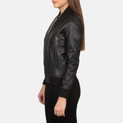 Black Sheepskin Leather Bomber Jacket - Back View Showing Tailored Shoulder Fit &amp; Clean Hemline