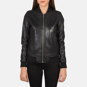 Close-Up Detail of Varsity - Rib Knit &amp; Zipper with Wind Flap Hardware on Women's Bliss Black Leather Bomber Jacket
