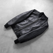 Rib Knit &amp; Hem Craftsmanship Construction Detail on Women's Bliss Black Leather Bomber Jacket