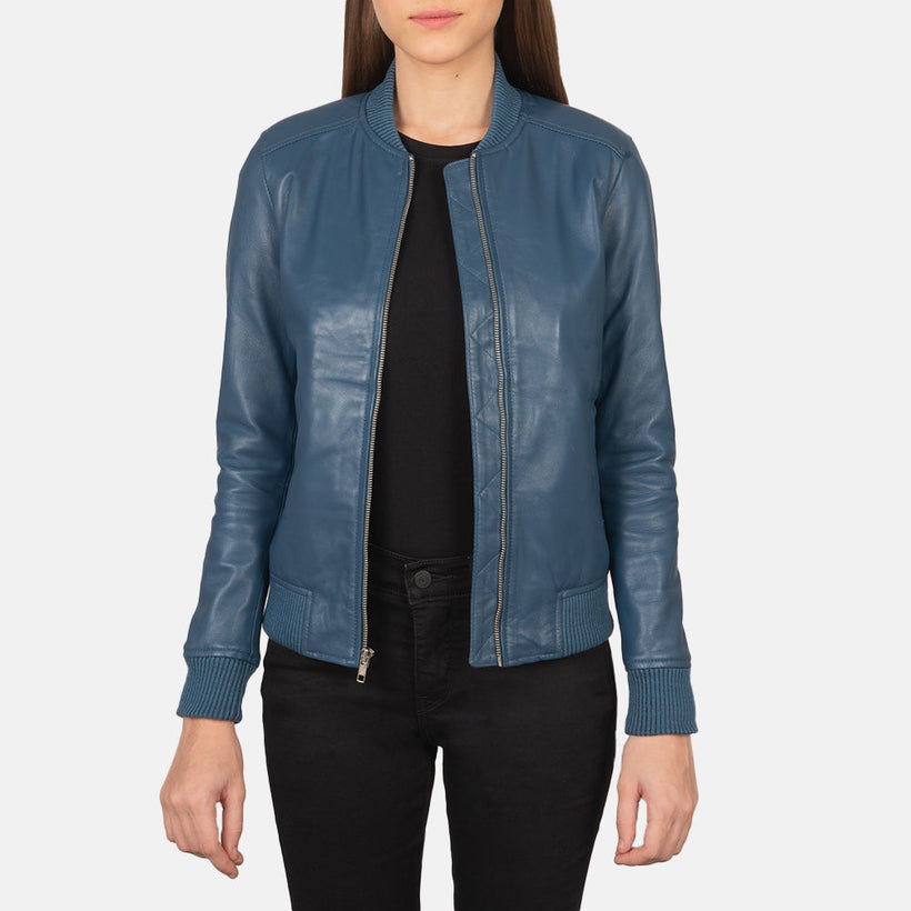 Women's Bliss Blue Leather Bomber Jacket in Blue Sheepskin Leather - Front Profile View & Tailored Silhouette | Buy Online