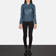 Women's Bliss Blue Leather Bomber Jacket - Lateral Side Profile View Showing Sleeve Cut &amp; Athletic Taper Fit