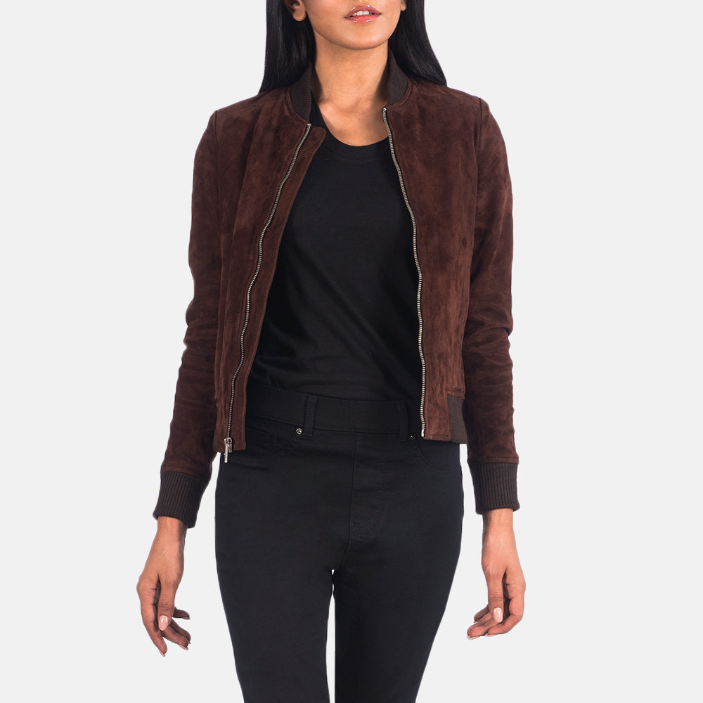 Women's Bliss Brown Suede Bomber Jacket in Brown Goatskin Suede - Front Profile View &amp; Tailored Silhouette | Buy Online