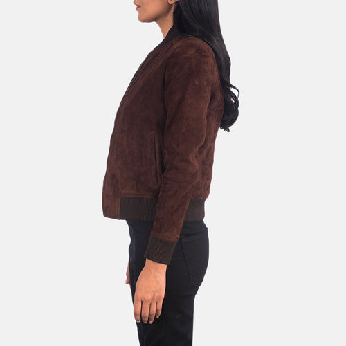 Brown Goatskin Suede Bomber Jacket - Back View Showing Tailored Shoulder Fit & Clean Hemline