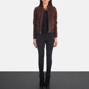 Women's Bliss Brown Suede Bomber Jacket - Lateral Side Profile View Showing Sleeve Cut &amp; Athletic Taper Fit