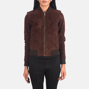 Close-Up Detail of Varsity - Rib Knit &amp; Zipper with Wind Flap Hardware on Women's Bliss Brown Suede Bomber Jacket