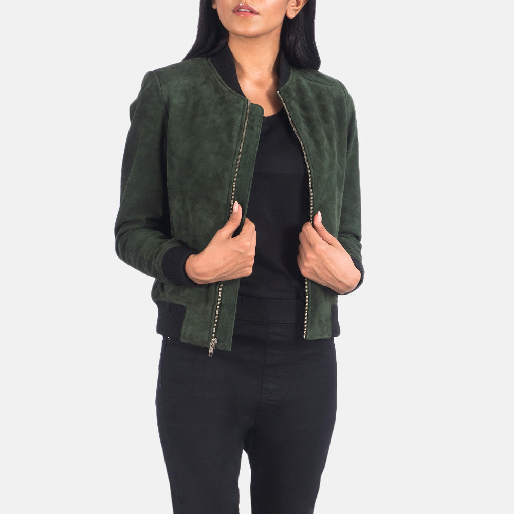 Women's Bliss Green Suede Bomber Jacket in Green Goatskin Suede - Front Profile View &amp; Tailored Silhouette | Buy Online