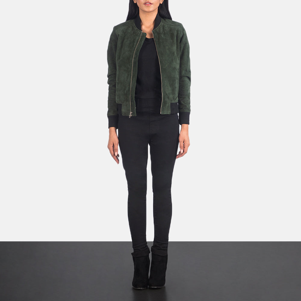 Women's Bliss Green Suede Bomber Jacket - Lateral Side Profile View Showing Sleeve Cut &amp; Athletic Taper Fit