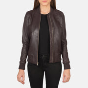 Women's Bliss Maroon Leather Bomber Jacket in Maroon Sheepskin Leather - Front Profile View &amp; Tailored Silhouette | Buy Online