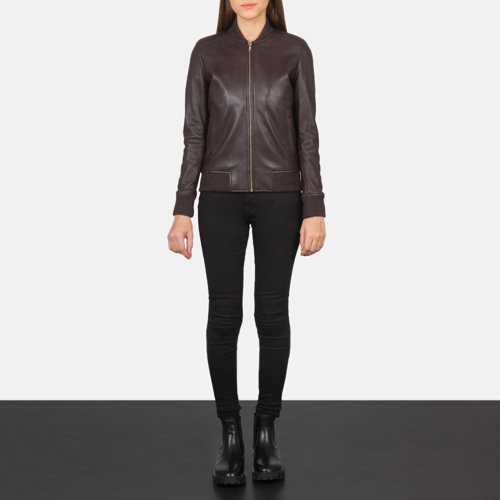 Women's Bliss Maroon Leather Bomber Jacket - Lateral Side Profile View Showing Sleeve Cut &amp; Athletic Taper Fit