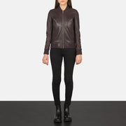 Women's Bliss Maroon Leather Bomber Jacket - Lateral Side Profile View Showing Sleeve Cut &amp; Athletic Taper Fit