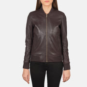 Close-Up Detail of Varsity - Rib Knit &amp; Zipper with Wind Flap Hardware on Women's Bliss Maroon Leather Bomber Jacket