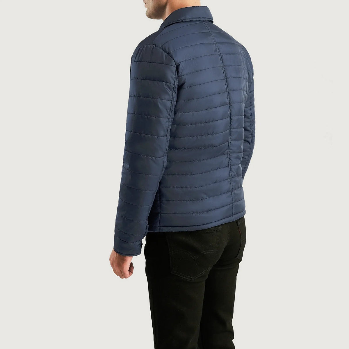Close-Up Detail of High neck &amp; Button Hardware on Men's Bo Quilt Windbreaker Jacket