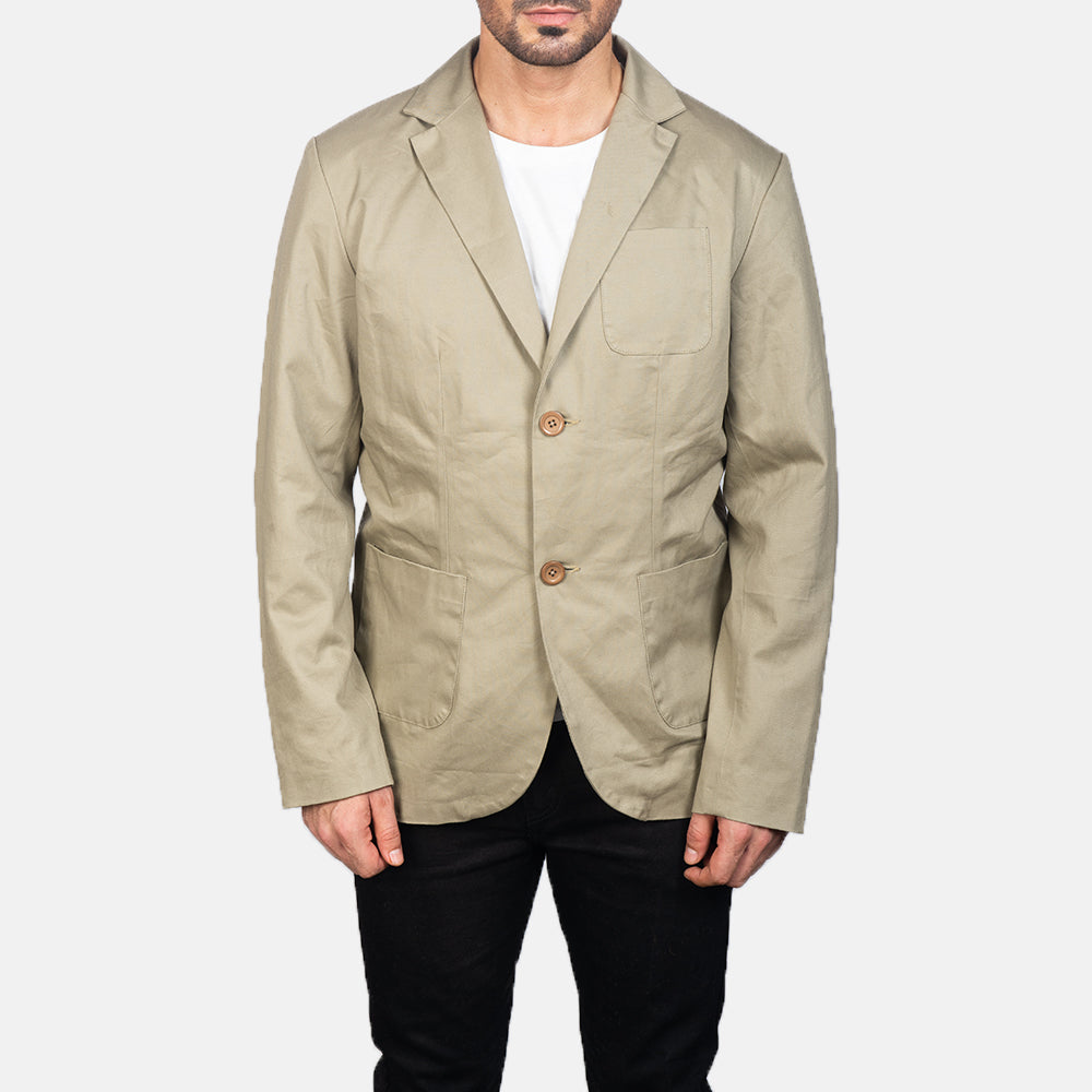 Close-Up Detail of Notch & Button Hardware on Borges Beige Blazer