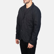 Black Poly-Cotton Leather Blazer - Back View Showing Tailored Shoulder Fit &amp; Clean Hemline