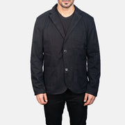 Close-Up Detail of Notch &amp; Button Hardware on Borges Black Blazer