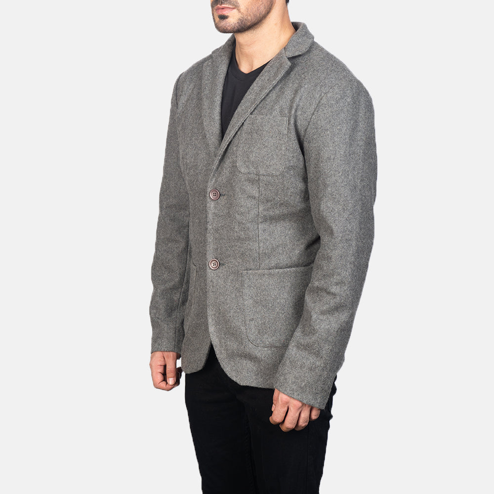Grey Synthetic Wool Leather Blazer - Back View Showing Tailored Shoulder Fit &amp; Clean Hemline