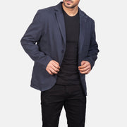 Navy Blue Poly-Cotton Leather Blazer - Back View Showing Tailored Shoulder Fit &amp; Clean Hemline