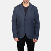 Close-Up Detail of Notch &amp; Button Hardware on Borges Navy Blue Blazer
