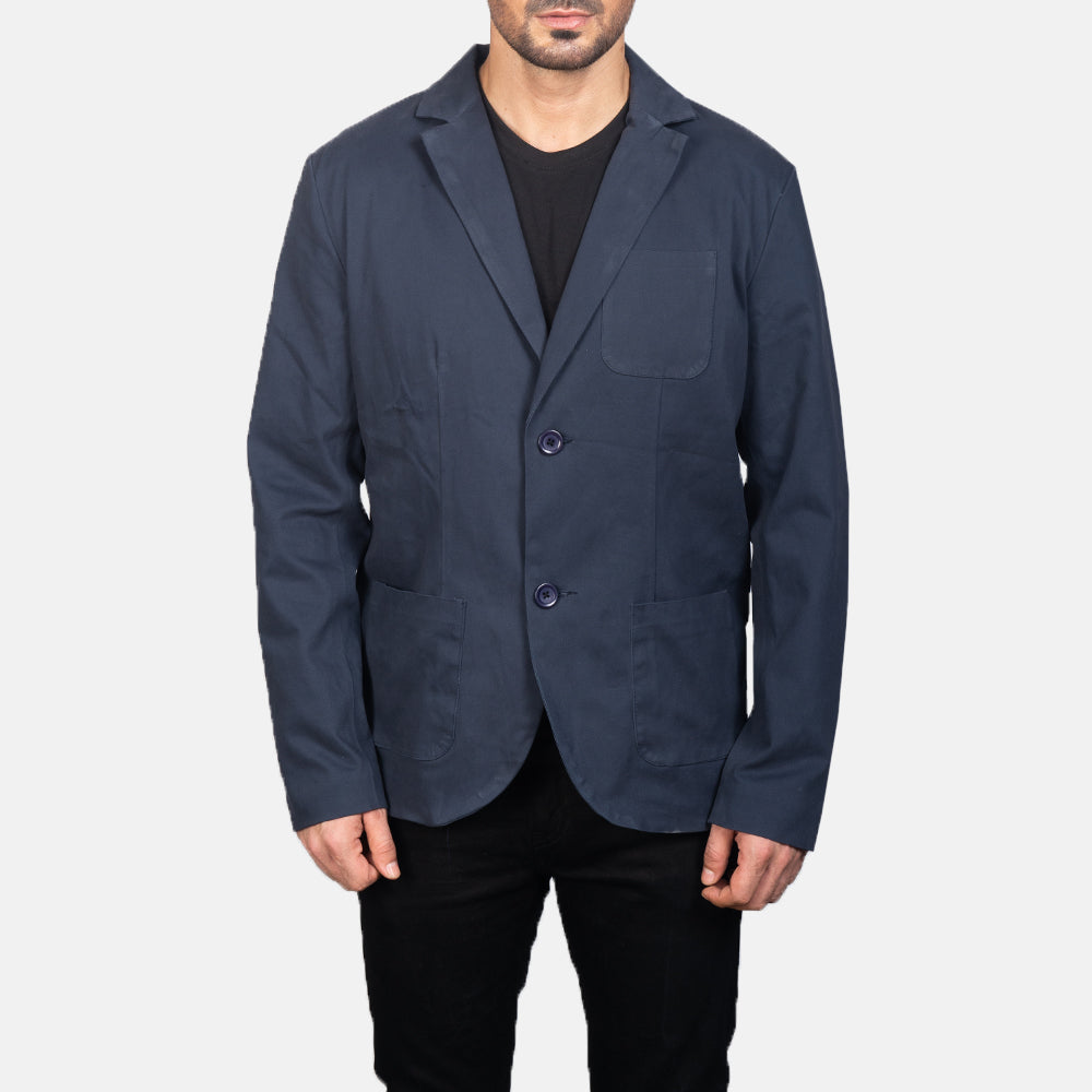 Close-Up Detail of Notch & Button Hardware on Borges Navy Blue Blazer