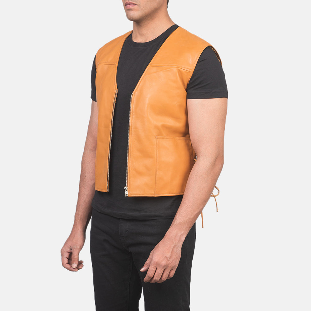 Tan Brown Sheepskin leather Vest - Back View Showing Tailored Shoulder Fit &amp; Clean Hemline