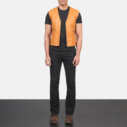Men's Brandon Tan Brown Leather Vest - Lateral Side Profile View Showing Sleeve Cut &amp; Athletic Taper Fit