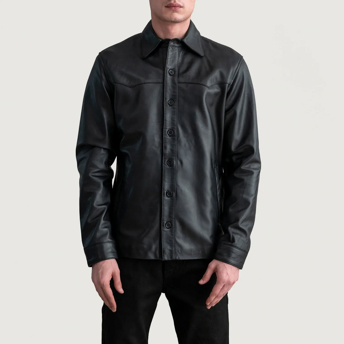 Bronco Black Leather Shirt - Lateral Side Profile View Showing Sleeve Cut &amp; Athletic Taper Fit