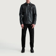 Close-Up Detail of Shirt &amp; Buttons Hardware on Bronco Black Leather Shirt