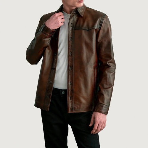 Bronco Distressed Brown Leather Shirt in Distressed Brown Sheepskin Leather - Front Profile View & Tailored Silhouette | Buy Online