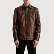Bronco Distressed Brown Leather Shirt - Lateral Side Profile View Showing Sleeve Cut &amp; Athletic Taper Fit