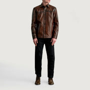 Close-Up Detail of Shirt &amp; Buttons Hardware on Bronco Distressed Brown Leather Shirt