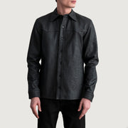 
Bronco Tumbled Black Leather Shirt - Lateral Side Profile View Showing Sleeve Cut & Athletic Taper Fit