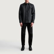
Close-Up Detail of Shirt & Buttons Hardware on Bronco Tumbled Black Leather Shirt