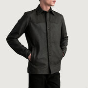 Bronco Tumbled Brown Leather Shirt - Lateral Side Profile View Showing Sleeve Cut &amp; Athletic Taper Fit
