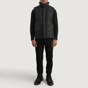 Bryan Black Puffer Vest - Lateral Side Profile View Showing Sleeve Cut &amp; Athletic Taper Fit