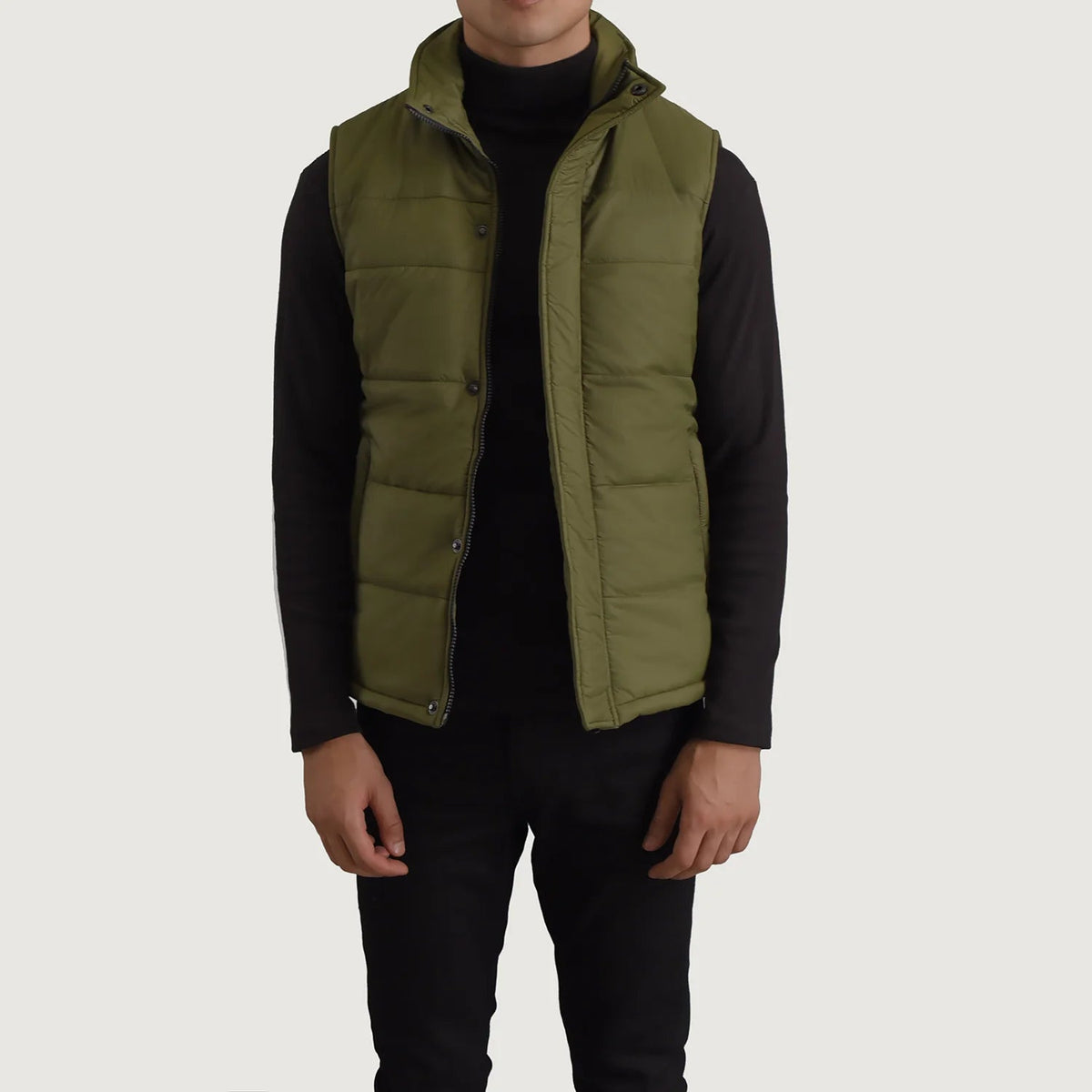 
Bryan Green Puffer Vest in Green Full-Grain Leather - Front Profile View & Tailored Silhouette | Buy Online