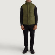 
Bryan Green Puffer Vest - Lateral Side Profile View Showing Sleeve Cut & Athletic Taper Fit