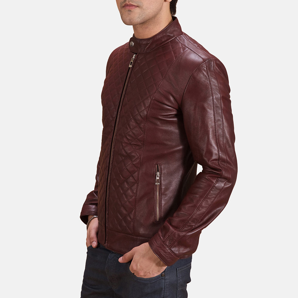 
Maroon Sheepskin Leather Biker Jacket - Back View Showing Tailored Shoulder Fit & Clean Hemline