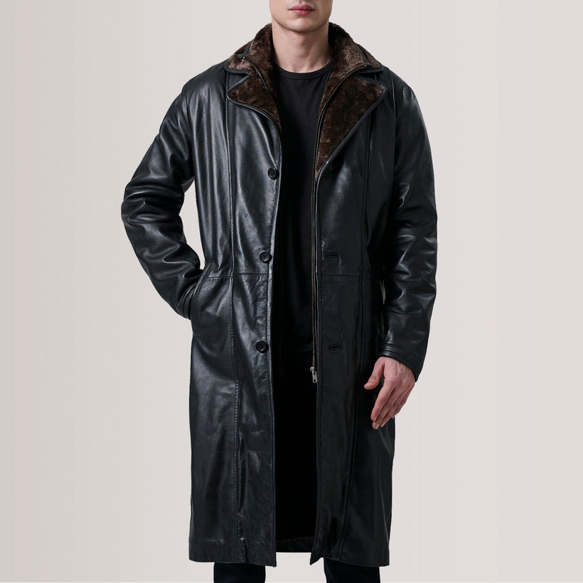 Cai Black Leather Shearling Coat