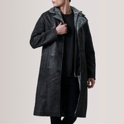 Cai Distressed Black Leather Shearling Coat For Men in Distressed Black Sheepskin Snuffed - Front Profile View &amp; Tailored Silhouette | Buy Online